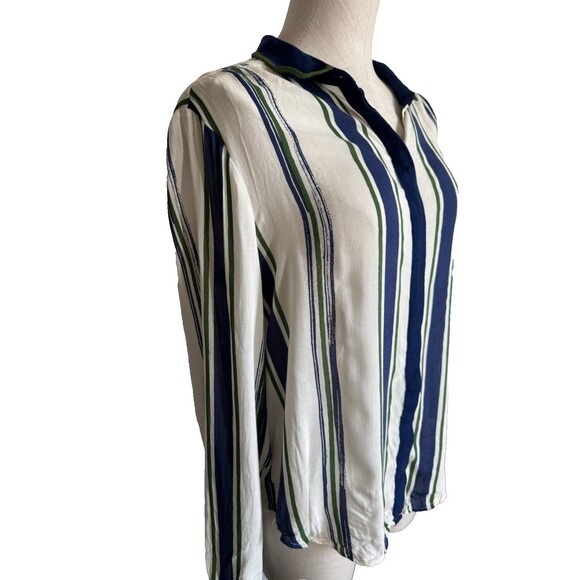 Maeve Anthropologie Blue & Green Stripe Button Down Blouse Top Shirt Sz 14 - Picture 9 of 12